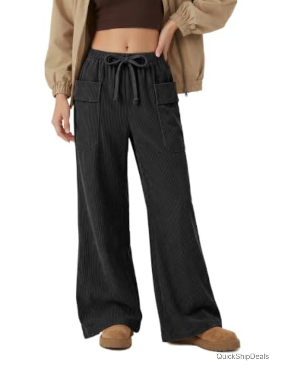 High Waisted Wide Leg Corduroy Cargo Pants Women Casual Utility Trousers